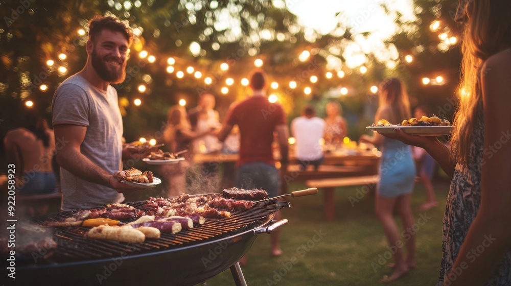 A lively outdoor party with friends and family gathered around a barbecue grill, everyone holding plates of food, chatting, and enjoying each other's company, with a festive and relaxed atmosphere A lively outdoor party with friends and family gathered around a barbecue grill, everyone holding plates of food, chatting, and enjoying each other's company, with a festive and relaxed atmosphere