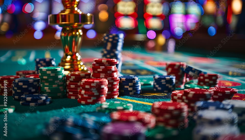 Collage of casino images with a close-up vibrant image of multicolored casino roulette table with poker chips Collage of casino images with a close-up vibrant image of multicolored casino roulette table with poker chips