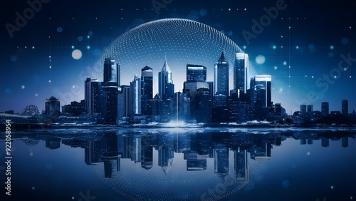 Unique city horizon with computerized impacts, enlightened specks, on an intelligent background, idea of technology
