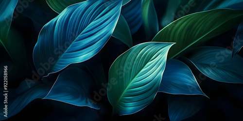 Close-up detail macro texture bright blue green leave tropical forest plant spathiphyllum cannifolium in dark nature background.Curve leaf floral botanical abstract desktop wallpaper,