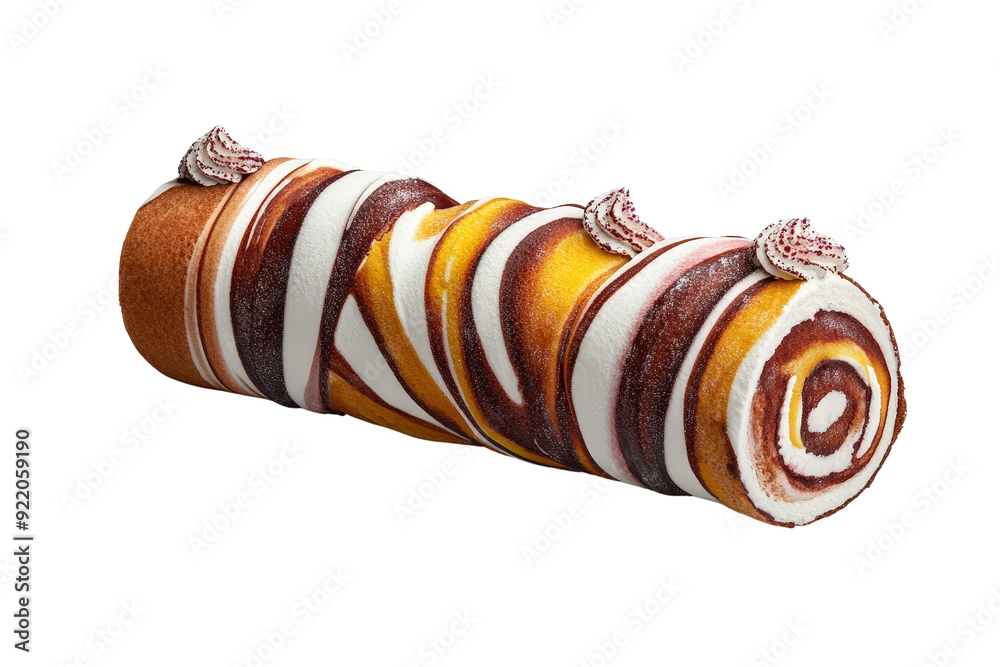 Delicious rolled dessert with vibrant swirls of chocolate and cream, perfect for sweet cravings or as a decorative treat.
