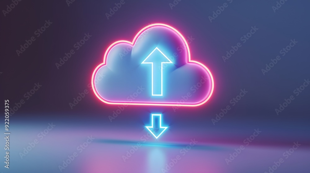 Neon cloud icon with arrows representing uploading and downloading in a digital concept on a purple background. Neon cloud icon with arrows representing uploading and downloading in a digital concept on a purple background.