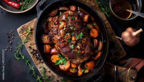 Slow-cooked beef with root vegetables and herbs on a wooden surface in a cozy kitchen setting