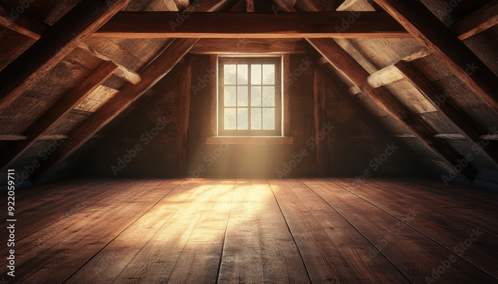 Sunlight streaming through attic window in rustic wooden space Sunlight streaming through attic window in rustic wooden space