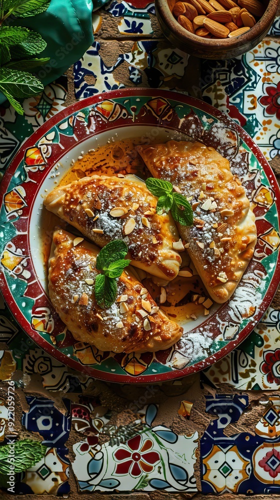 Traditional whole fresh baked Moroccan fish pastilla close up. AI generated illustration Traditional whole fresh baked Moroccan fish pastilla close up. AI generated illustration
