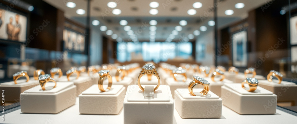 Diamond Rings on Display in Jewelry Store Diamond Rings on Display in Jewelry Store
