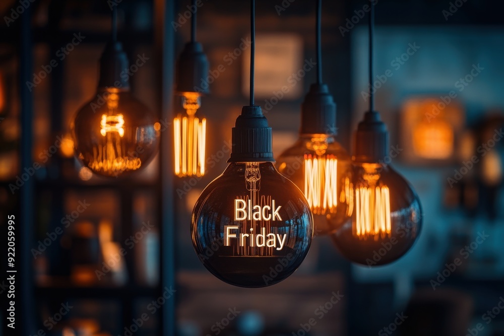 Edison bulbs hang above, casting a warm glow on the Black Friday text, creating an inviting atmosphere for holiday shoppers Edison bulbs hang above, casting a warm glow on the Black Friday text, creating an inviting atmosphere for holiday shoppers