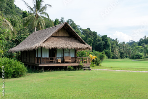 Cozy traditional bamboo bungalow by green grassland, natural living