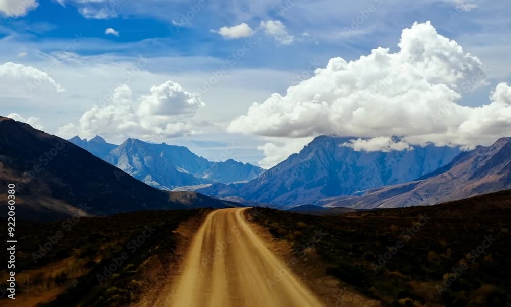 Stunning, sweeping landscape with a long, endless dirt road leading to mighty mountain peaks.