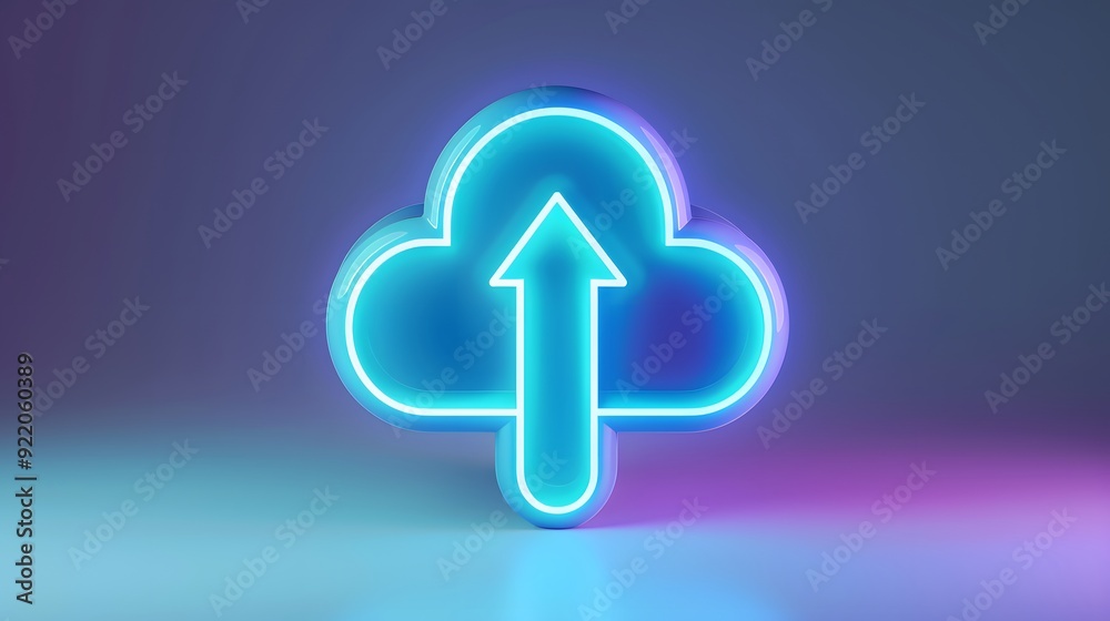 Neon cloud icon with upward arrow symbolizing cloud storage or upload, set against a gradient background with pink and blue hues. Neon cloud icon with upward arrow symbolizing cloud storage or upload, set against a gradient background with pink and blue hues.