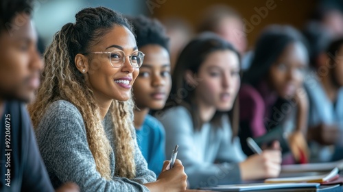An adult education class in session, with a diverse group of adults of various ages learning together, a teacher explaining a concept at the front, students taking notes and participating in