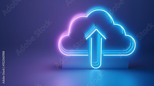 Neon cloud upload icon glowing in blue and purple tones, representing cloud computing and data storage technology.