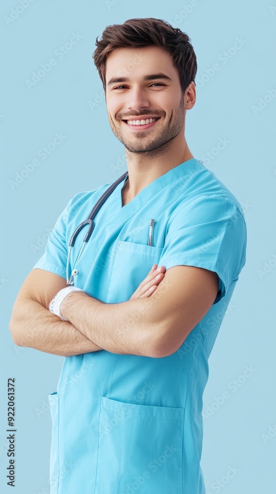 Smiling male nurse standing facing the camera, body softly leaning to the side, light blue background Smiling male nurse standing facing the camera, body softly leaning to the side, light blue background