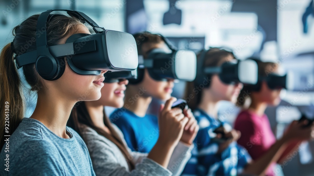 A lively and dynamic image of a group of students using VR headsets in a tech lab, each one exploring different virtual environments, with a teacher guiding them through the experience, the room A lively and dynamic image of a group of students using VR headsets in a tech lab, each one exploring different virtual environments, with a teacher guiding them through the experience, the room