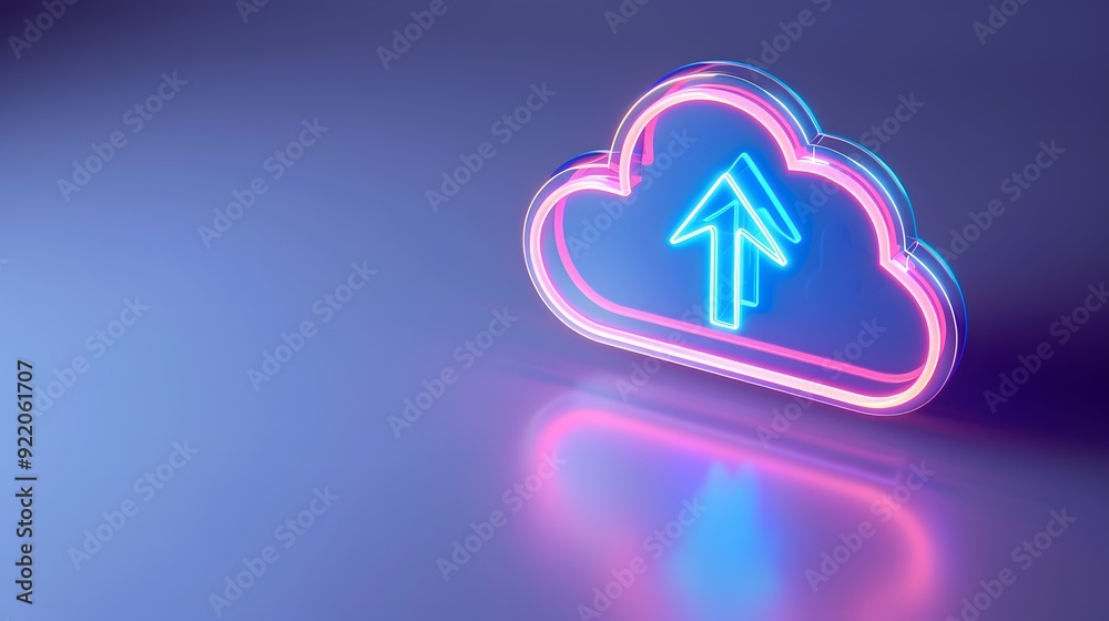 Neon cloud upload icon on a reflective surface, representing cloud computing, data synchronization, and internet technology. Neon cloud upload icon on a reflective surface, representing cloud computing, data synchronization, and internet technology.