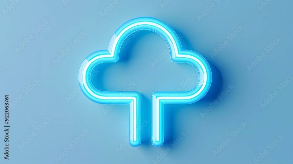 Neon cloud-shaped light blue sign on pastel blue background, modern and minimalistic design for tech or creative concepts. Neon cloud-shaped light blue sign on pastel blue background, modern and minimalistic design for tech or creative concepts.