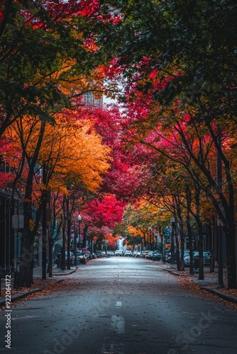 A city street lined with trees, their leaves changing colors in a gradient from green to red. 