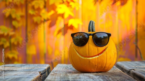 A carved pumpkin with sunglasses sits on a wooden table, a cheerful expression against a backdrop of colorful fall foliage.  The image symbolizes autumn, Halloween, fun, joy, and cool style. photo