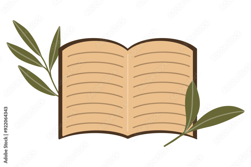 vector illustration of an open book with green leaves. Book with text for illustrations for school, in cozy autumn colors. Flat cartoon decorative element. vector illustration of an open book with green leaves. Book with text for illustrations for school, in cozy autumn colors. Flat cartoon decorative element.