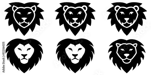 Set of lion face icons silhouette vector art style illustration
