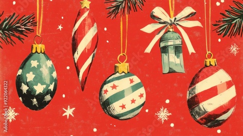 1950s Vintage Christmas Ornaments and Baubles on Red Background