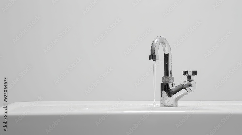 A chrome faucet is shown dripping water into a white porcelain sink, symbolizing cleanliness, renewal, and the cycle of life. The simple design emphasizes functionality and hygiene. A chrome faucet is shown dripping water into a white porcelain sink, symbolizing cleanliness, renewal, and the cycle of life. The simple design emphasizes functionality and hygiene.