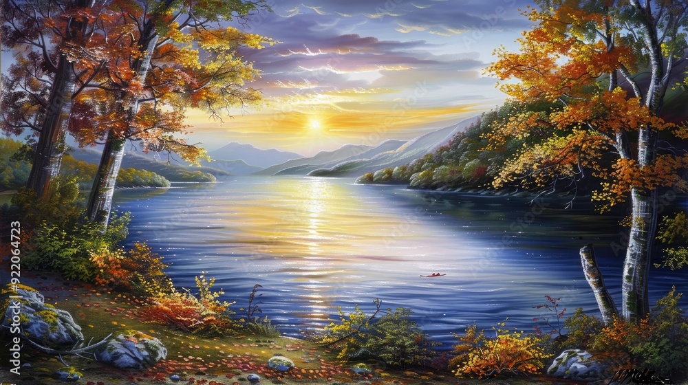 A serene autumn landscape featuring two trees by the lake A serene autumn landscape featuring two trees by the lake