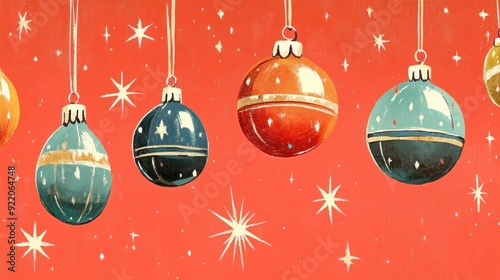 1950s Vintage Christmas Ornaments and Baubles on Red Background