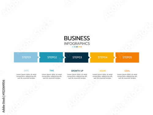 Business process. Timeline infographics with 5 steps, circles, arrows. Vector chart.