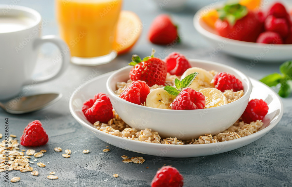 Oatmeal porridge with fresh raspberries, strawberries and bananas on table. Close-up. Oatmeal porridge with fresh raspberries, strawberries and bananas on table. Close-up.