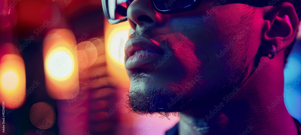 A close-up of a man's face lit by neon lights, symbolizing mystery, urban life, style, nightlife, and a sense of cool. A close-up of a man's face lit by neon lights, symbolizing mystery, urban life, style, nightlife, and a sense of cool.