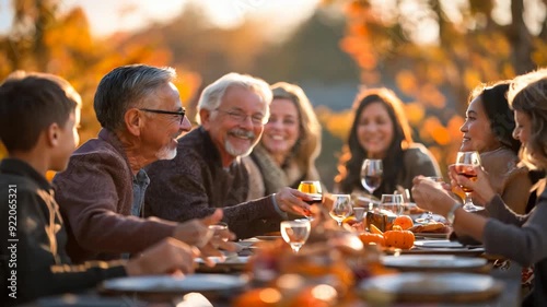 Large family is gathered around a table, enjoying a delicious thanksgiving meal together outdoors on a beautiful autumn day
