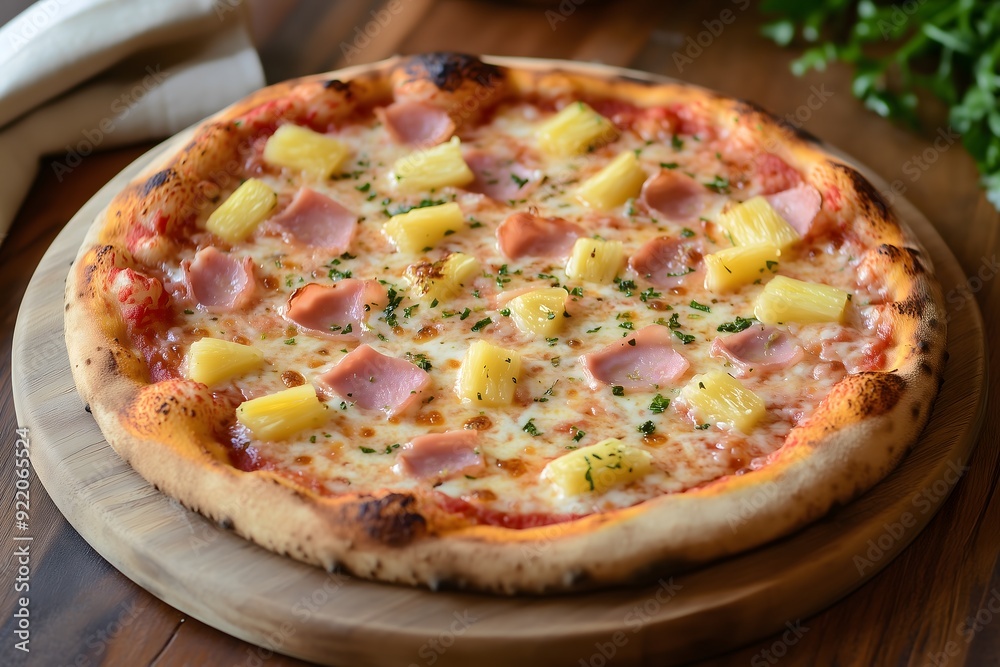 A classic hawaii pizza served on a round wooden tray