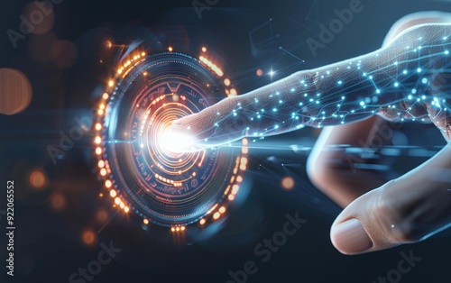 A futuristic hand touches a glowing circular interface.
