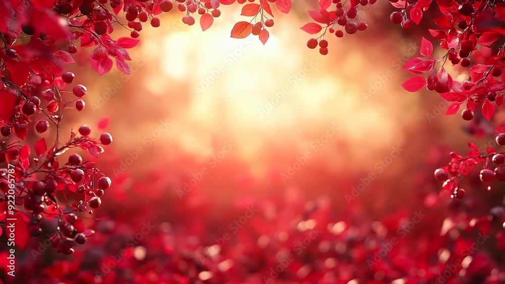 red leaves background, berries hanging from the branch of a tree with blurred red foliage creating a natural frame around a sunset red leaves background, berries hanging from the branch of a tree with blurred red foliage creating a natural frame around a sunset
