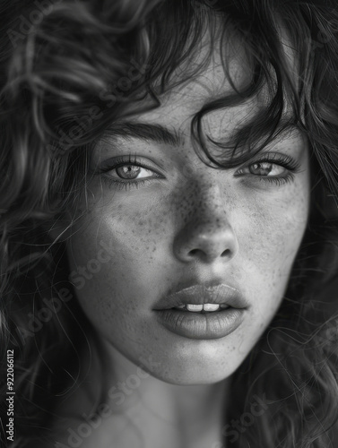 Portrait of a Young Woman with Freckles in Monochrome