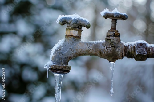 A close-up shot of a frozen water faucet with a dripping icicle, symbolizing winter, cold weather, frozen pipes, water scarcity, and the need for plumbing maintenance.