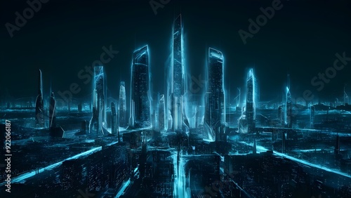 An enlightened modern cityscape with gleaming blue lights and structures on a dim backgroung, idea of a cutting edge city.Generative Ai