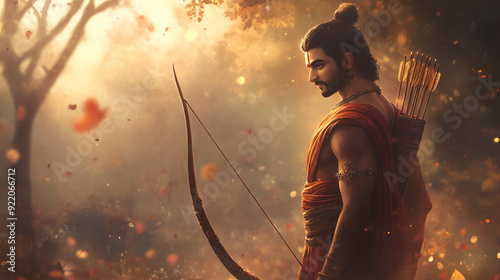 Lord Shri Rama, in a forest with his bow and arrows, exuding strength and divine righteousness photo