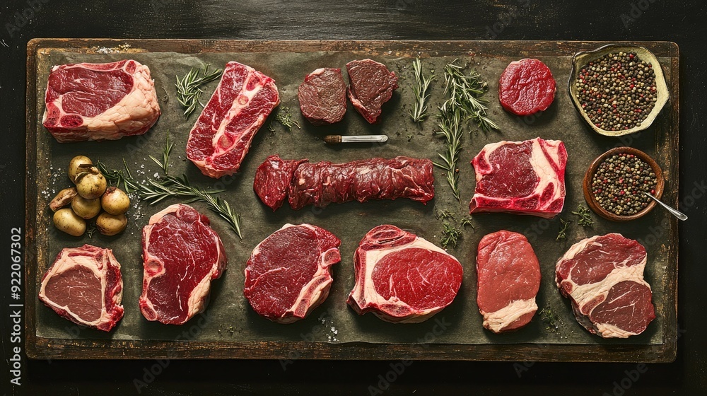 A detailed display of various beef cuts on a butcher board, each labeled with its name, from ribeye to sirloin. A detailed display of various beef cuts on a butcher board, each labeled with its name, from ribeye to sirloin.