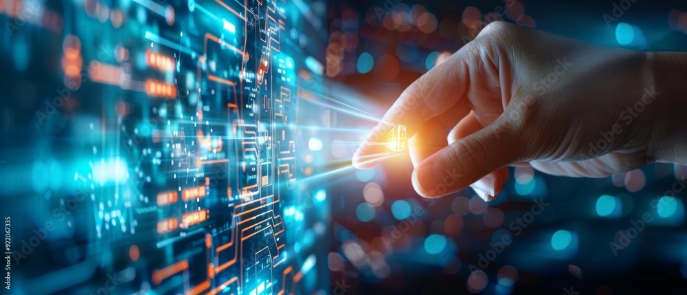 Hand reaching out to a digital screen with glowing blue data. Hand reaching out to a digital screen with glowing blue data.