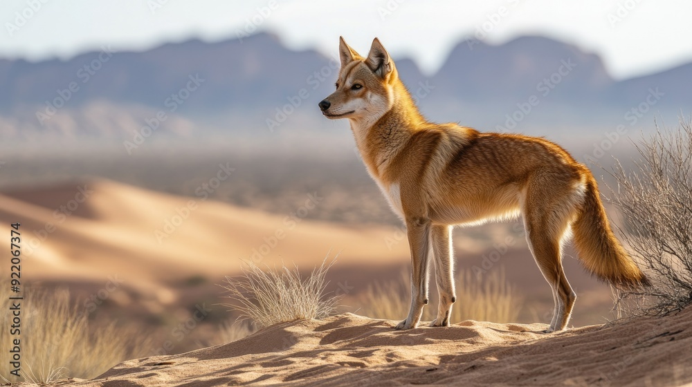 Obraz premium A dingo standing alert on a sandy dune, with the vast Australian desert stretching out behind it.