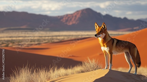 A dingo standing alert on a sandy dune, with the vast Australian desert stretching out behind it.