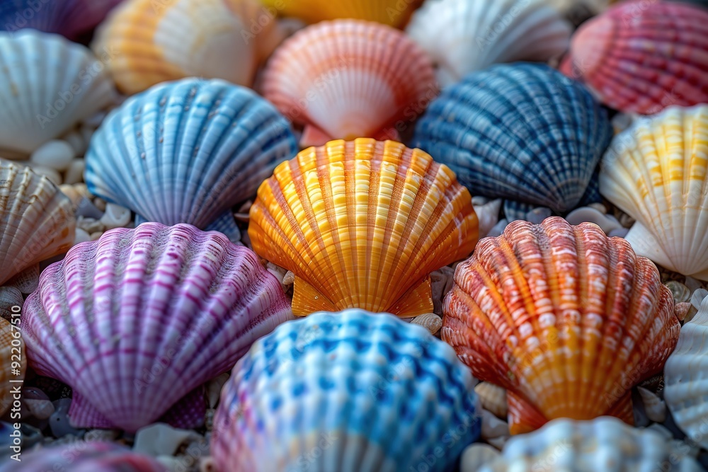 A collection of colorful seashells with a blue and white shell in the middle