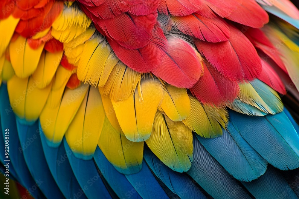 Obraz premium A close-up of a vibrant parrot's feathers, showcasing a spectrum of bright colors. 
