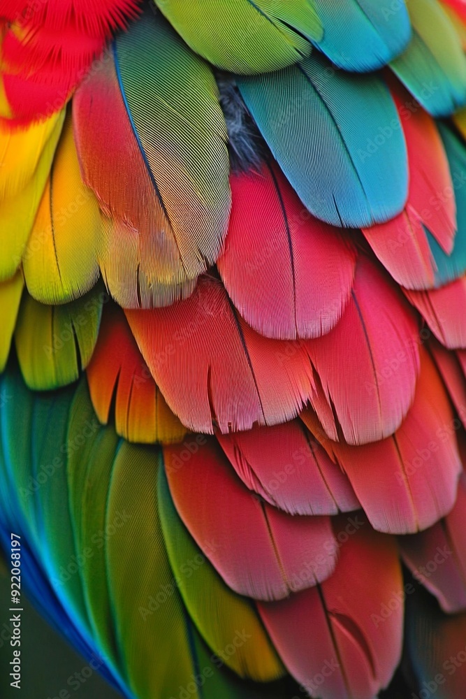 Obraz premium A close-up of a vibrant parrot's feathers, showcasing a spectrum of bright colors. 