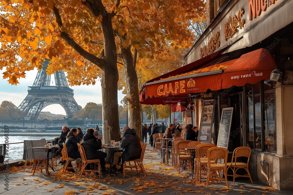 Obraz premium A serene café scene in Paris, with people enjoying their coffee under a canopy of autumn leaves, Eiffel Tower in the background