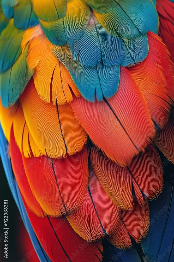Obraz premium A close-up of a vibrant parrot's feathers, showcasing a spectrum of bright colors. 