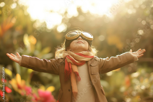 A young girl with outstretched arms and wearing aviator goggles enjoys the sunlight in a garden, symbolizing imagination and dreams of flight. photo