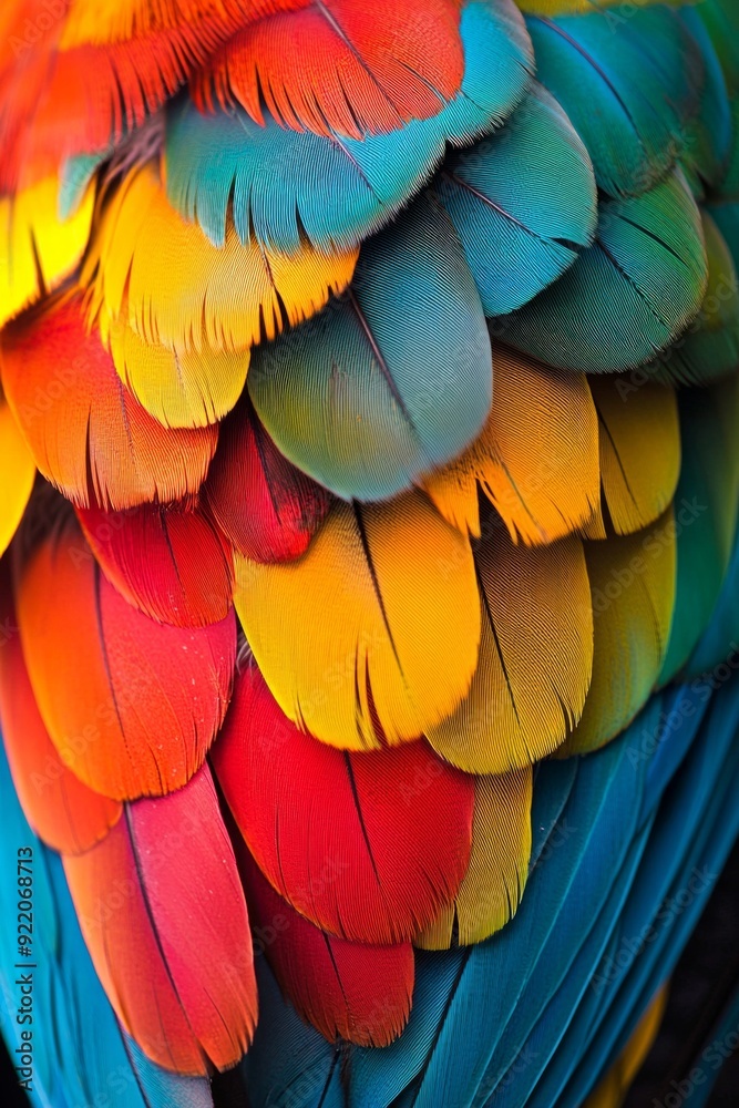Obraz premium A close-up of a vibrant parrot's feathers, showcasing a spectrum of bright colors. 
